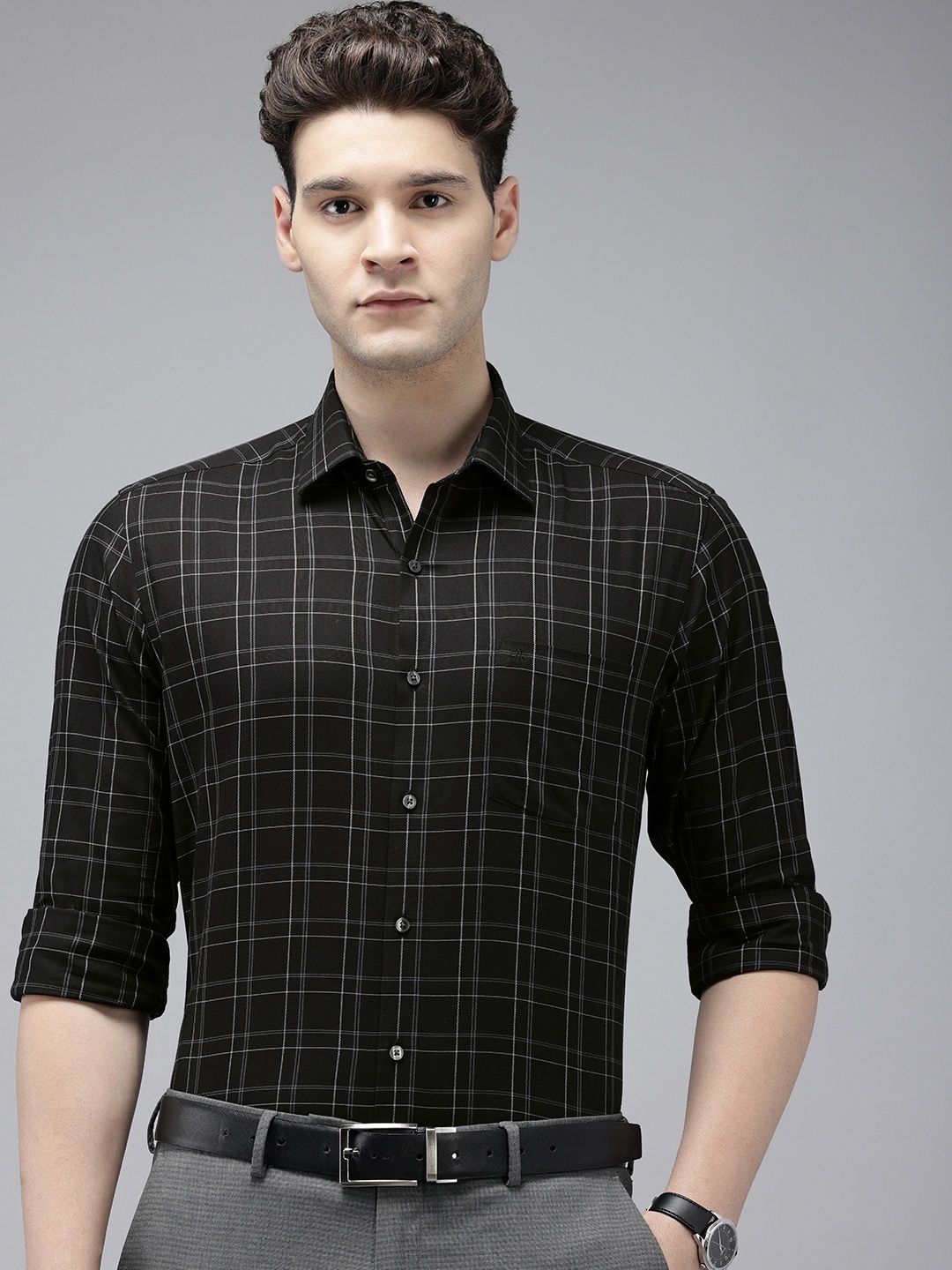 

Arrow Manhattan Slim Fit Opaque Checked Pure Cotton Formal Shirt, Black