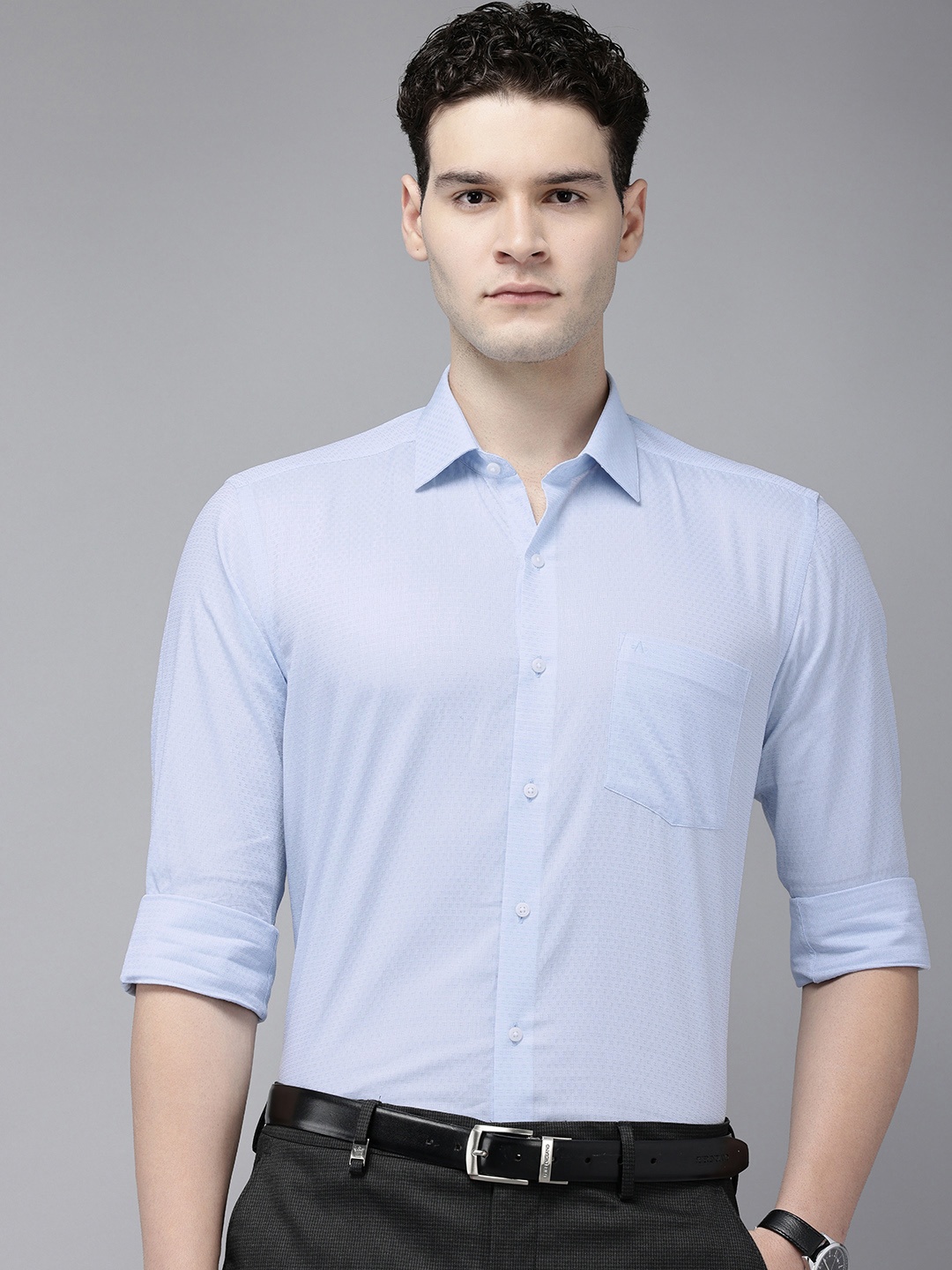 

Arrow Self Design Manhattan Slim Fit Opaque Pure Cotton Formal Shirt, Blue