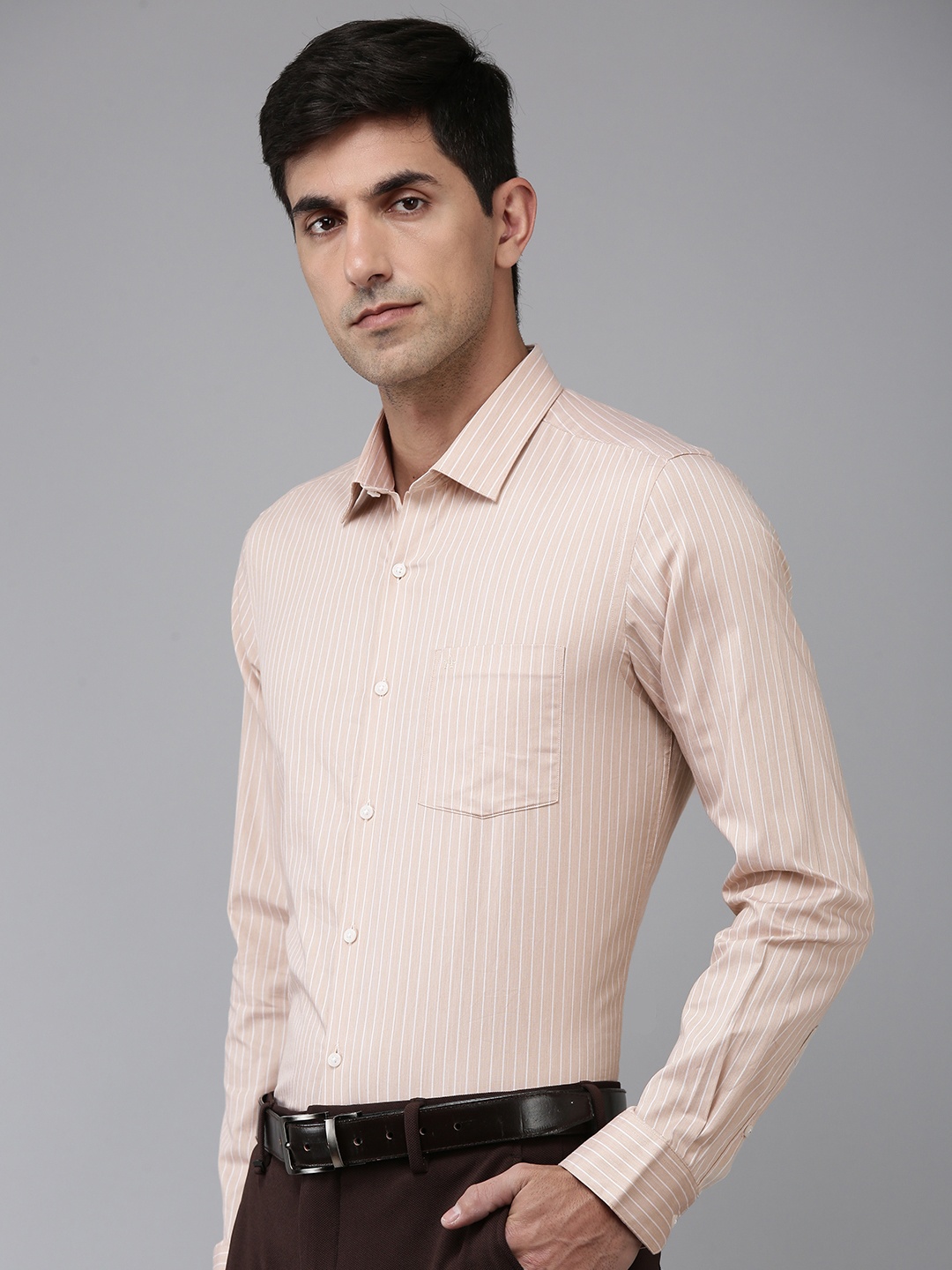 

Arrow Manhattan Slim Fit Self Striped Pure Cotton Formal Shirt, Beige