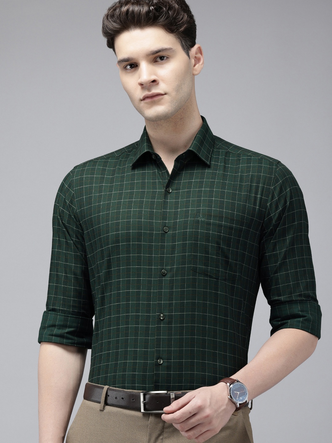 

Arrow Pure Cotton Manhattan Slim Fit Grid Tattersall Checked Formal Shirt, Green