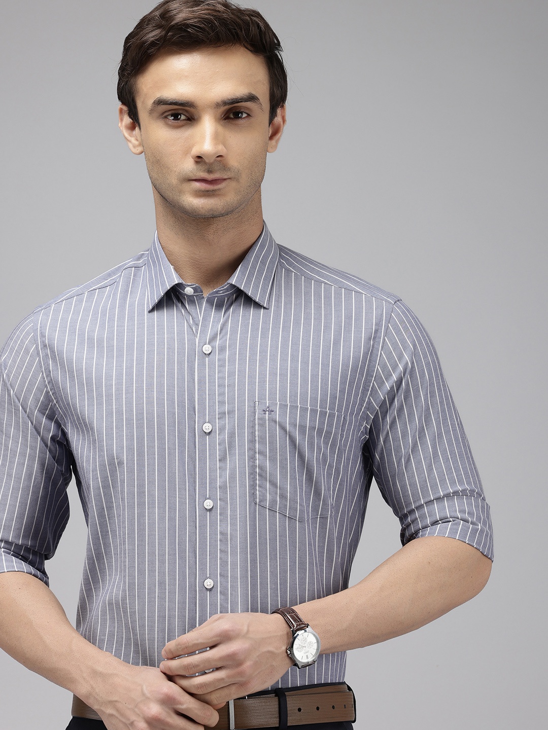 

Arrow Manhattan Slim Fit Opaque Striped Pure Cotton Formal Shirt, Blue