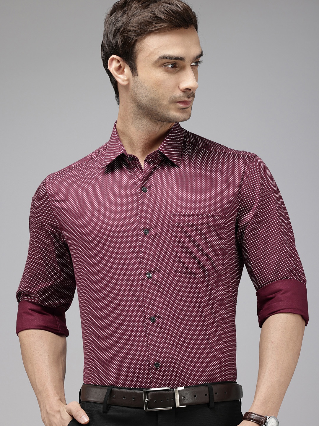 

Arrow Pure Cotton Manhattan Slim Fit Opaque Printed Formal Shirt, Maroon