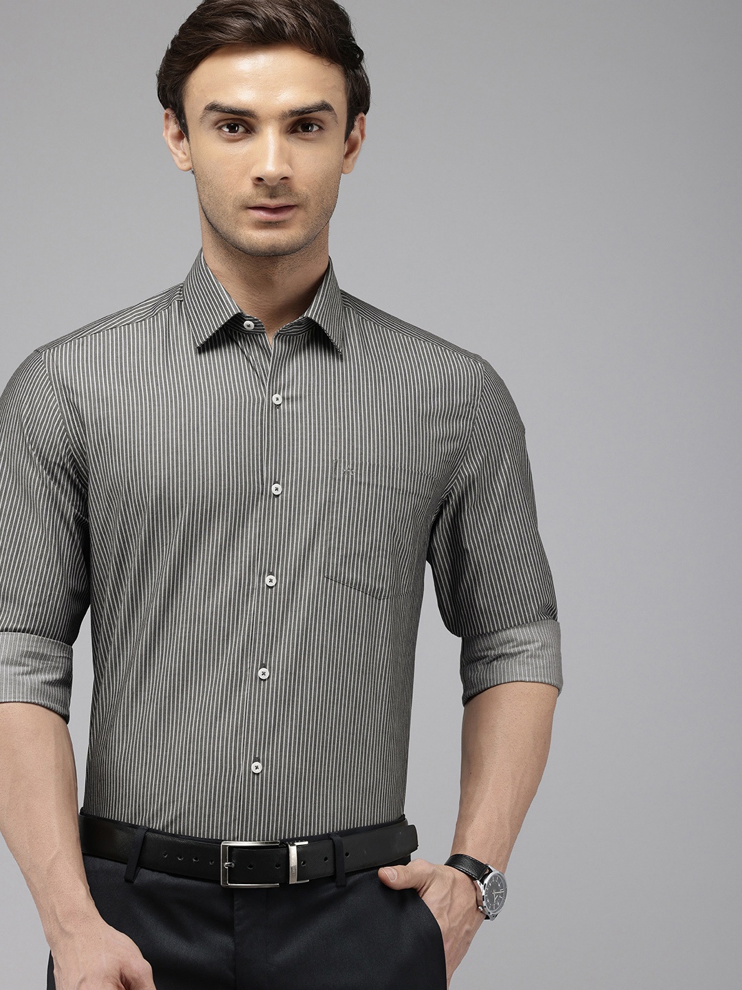 

Arrow Pure Cotton Manhattan Slim Fit Opaque Striped Formal Shirt, Grey