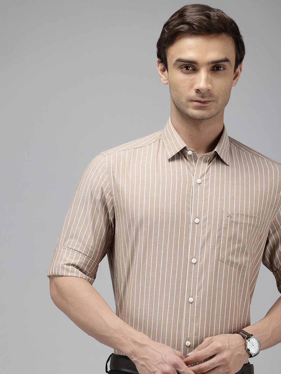 

Arrow Manhattan Slim Fit Opaque Striped Pure Cotton Formal Shirt, Brown