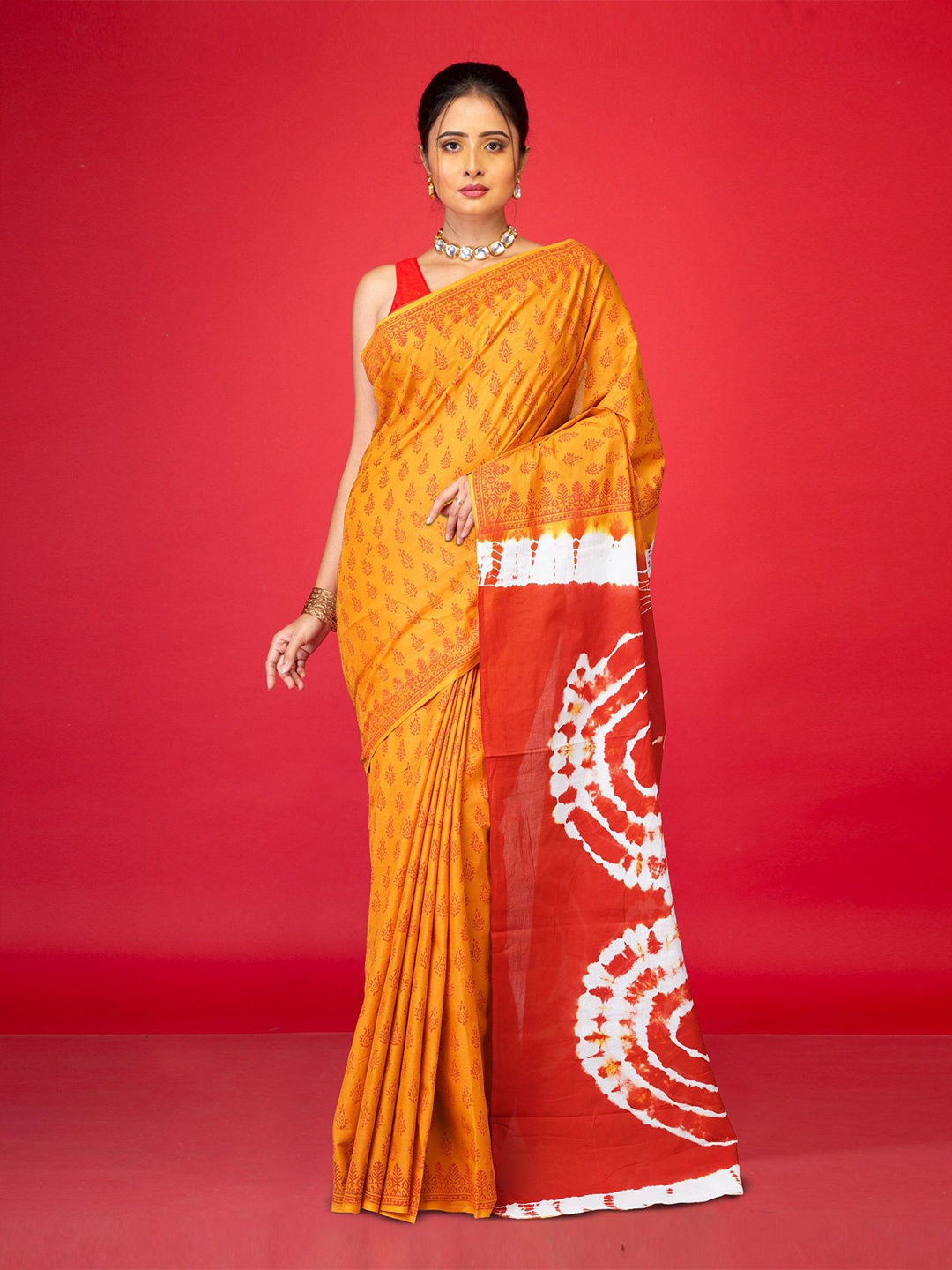 

Unnati Silks Tie and Dye Pure Cotton Handloom Block Print Saree, Yellow