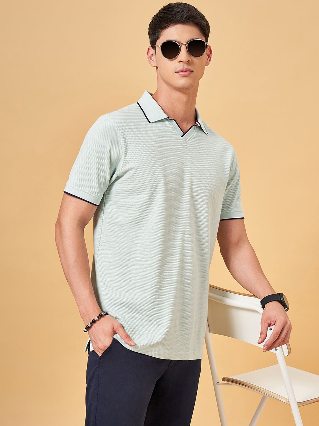 

BYFORD by Pantaloons Men Solid Polo Collar Pure Cotton Slim Fit T-shirt, Green