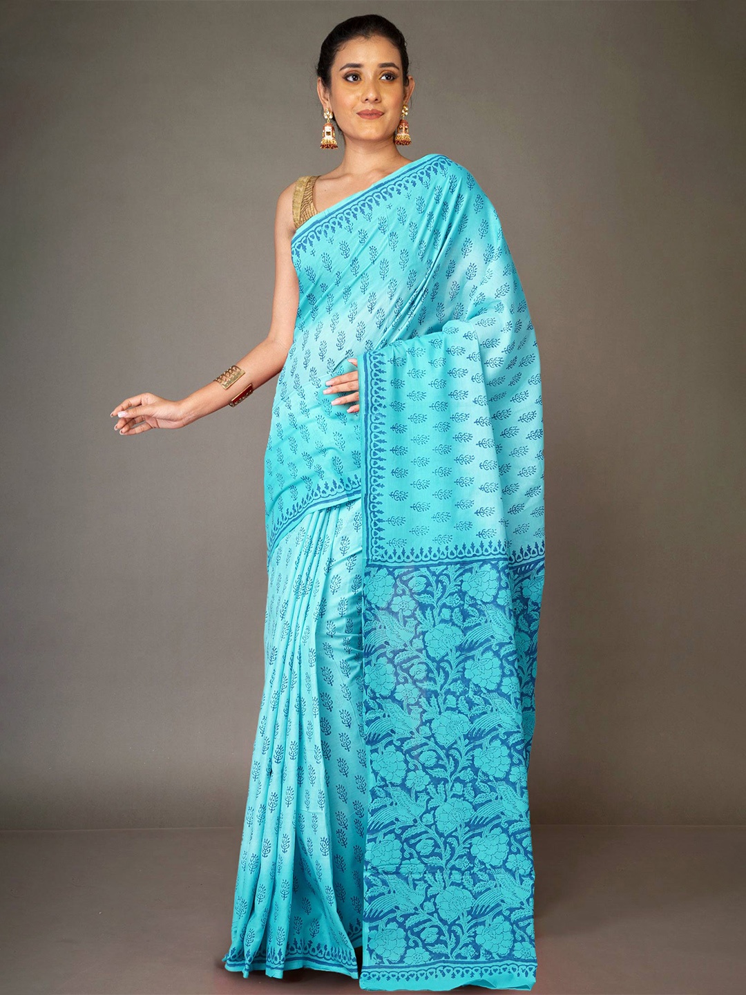 

Unnati Silks Ethnic Motifs Pure Cotton Handloom Block Print Saree, Blue