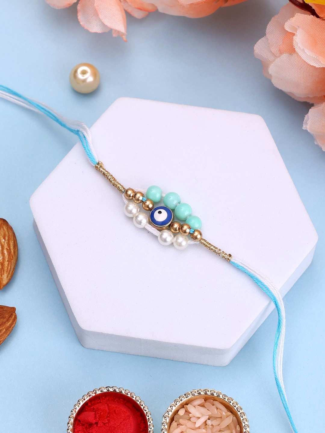 

PANASH- Gold-Plated Pearls Thread Rakhi With Roli Chawal, White