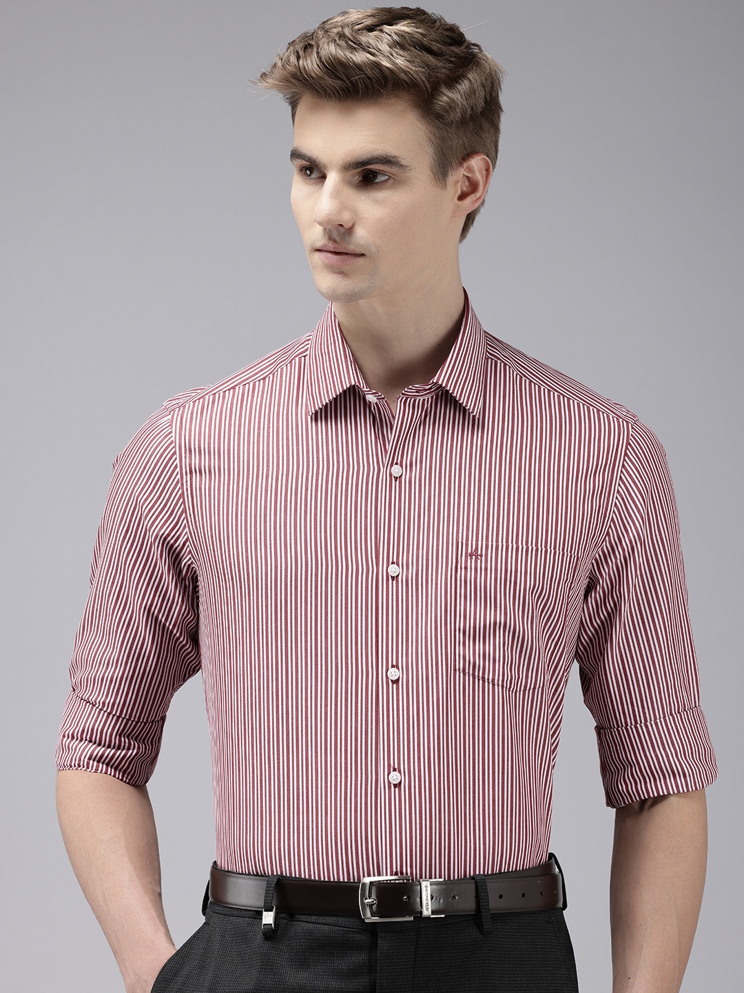 

Arrow Manhattan Slim Fit Vertical Stripes Pure Cotton Formal Shirt, Maroon