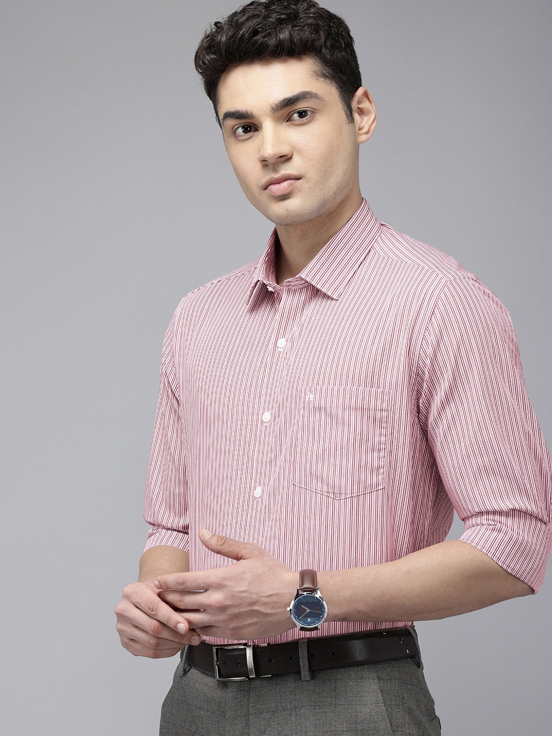 

Arrow Manhattan Slim Fit Vertical Stripes Pure Cotton Formal Shirt, Maroon