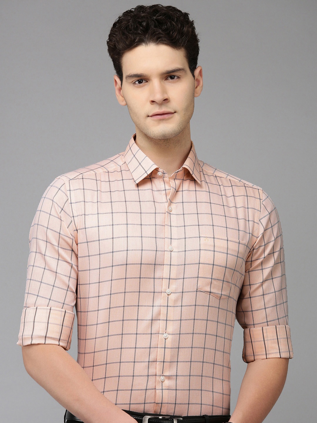 

Arrow Pure Cotton Manhattan Slim Fit Windowpane Checked Textured EasyPress Formal Shirt, Peach