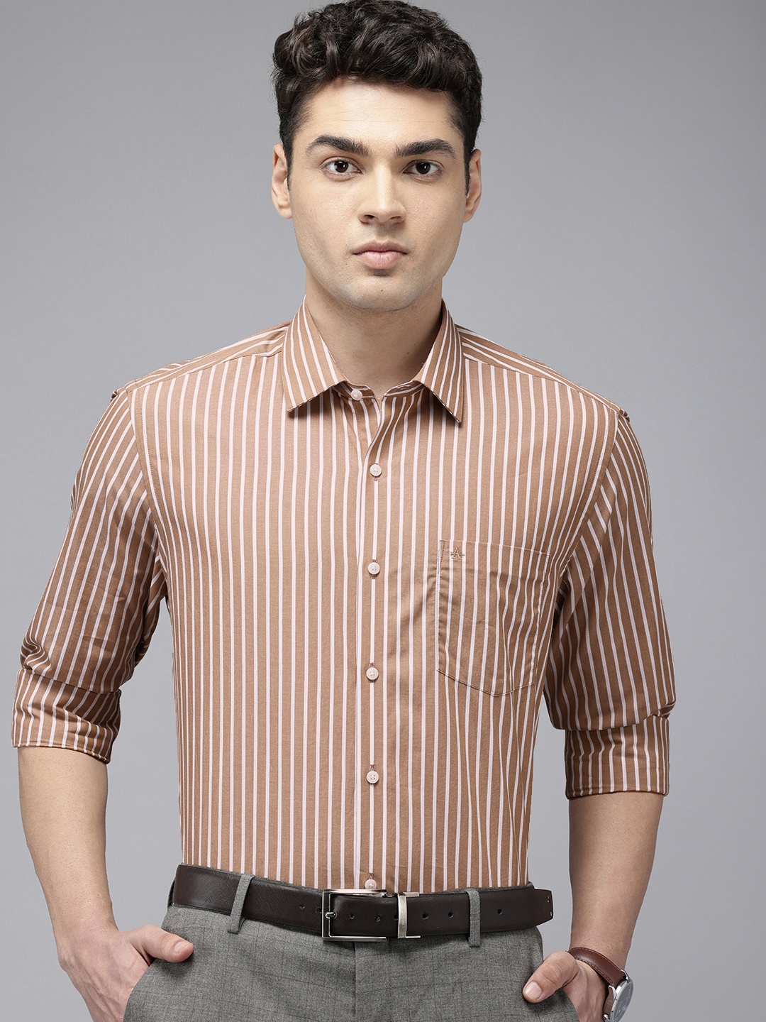 

Arrow Manhattan Slim Fit Vertical Stripes Pure Cotton Formal Shirt, Taupe