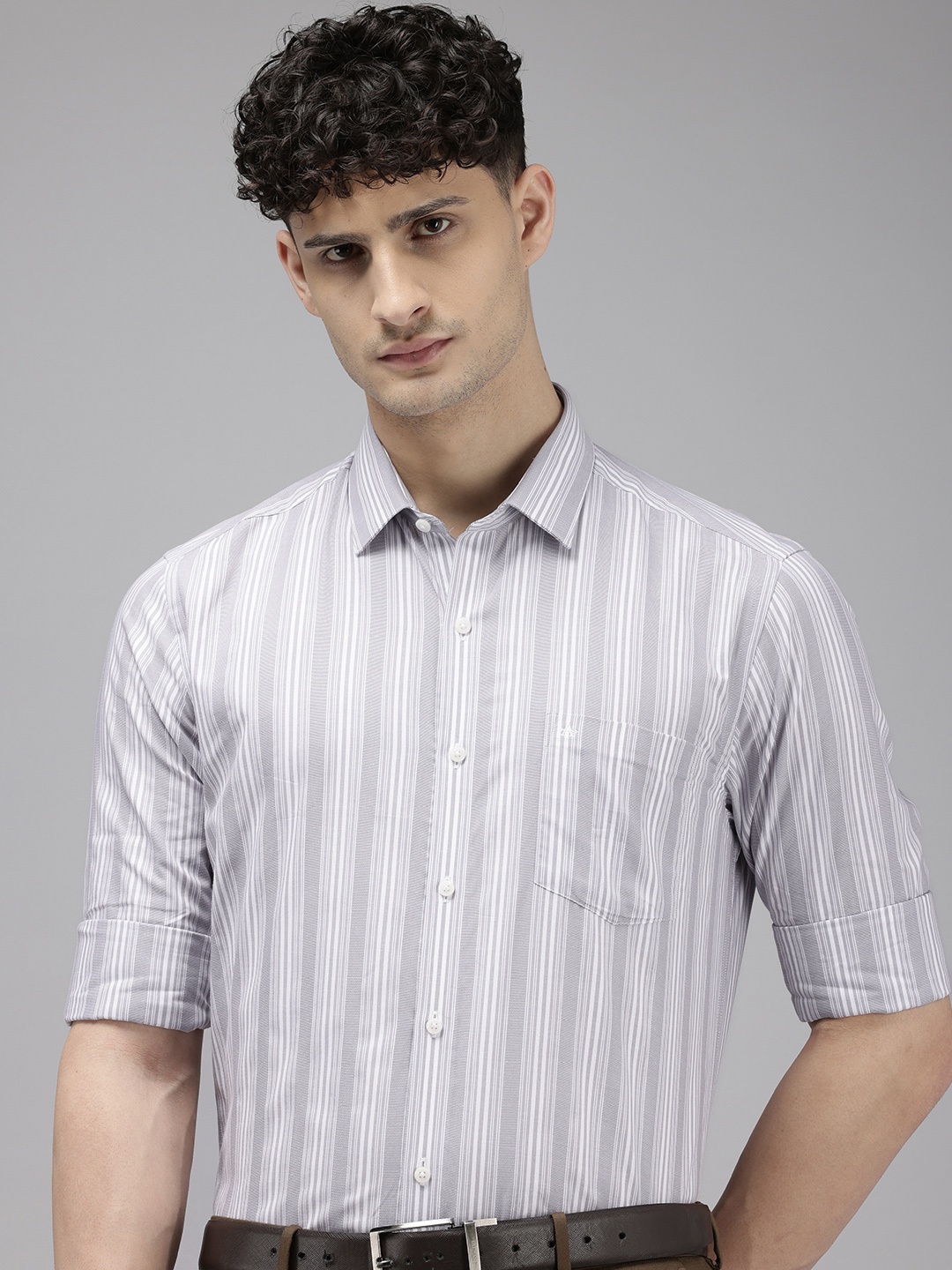 

Arrow Manhattan Slim Fit Opaque Striped Pure Cotton Formal Shirt, Grey