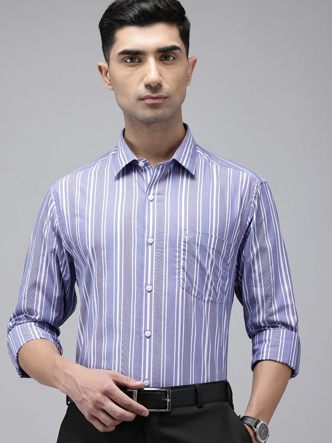 

Arrow Pure Cotton Manhattan Slim Fit Opaque Striped Formal Shirt, Blue