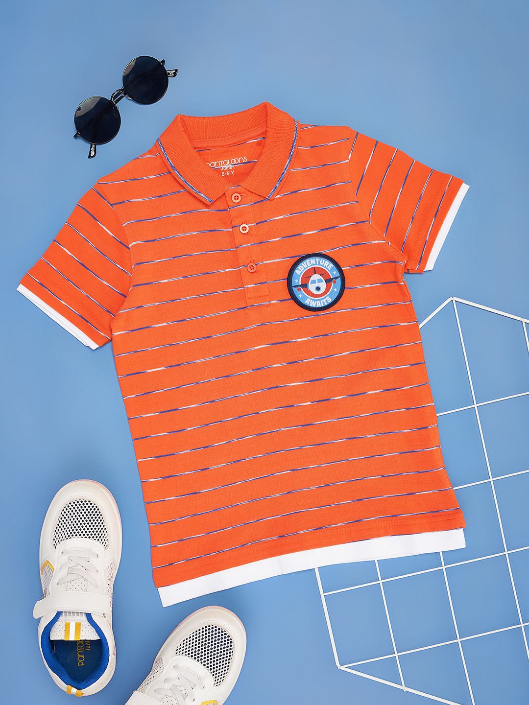 

Pantaloons Junior Boy Striped Polo Collar Pure Cotton T-shirt, Orange