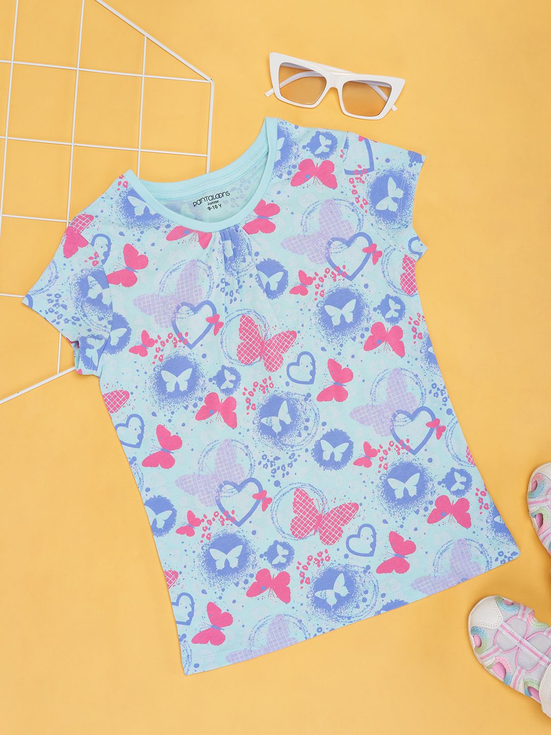 Pantaloons Junior Girl Conversational Printed Pure Cotton Round Neck T-shirt, Blue