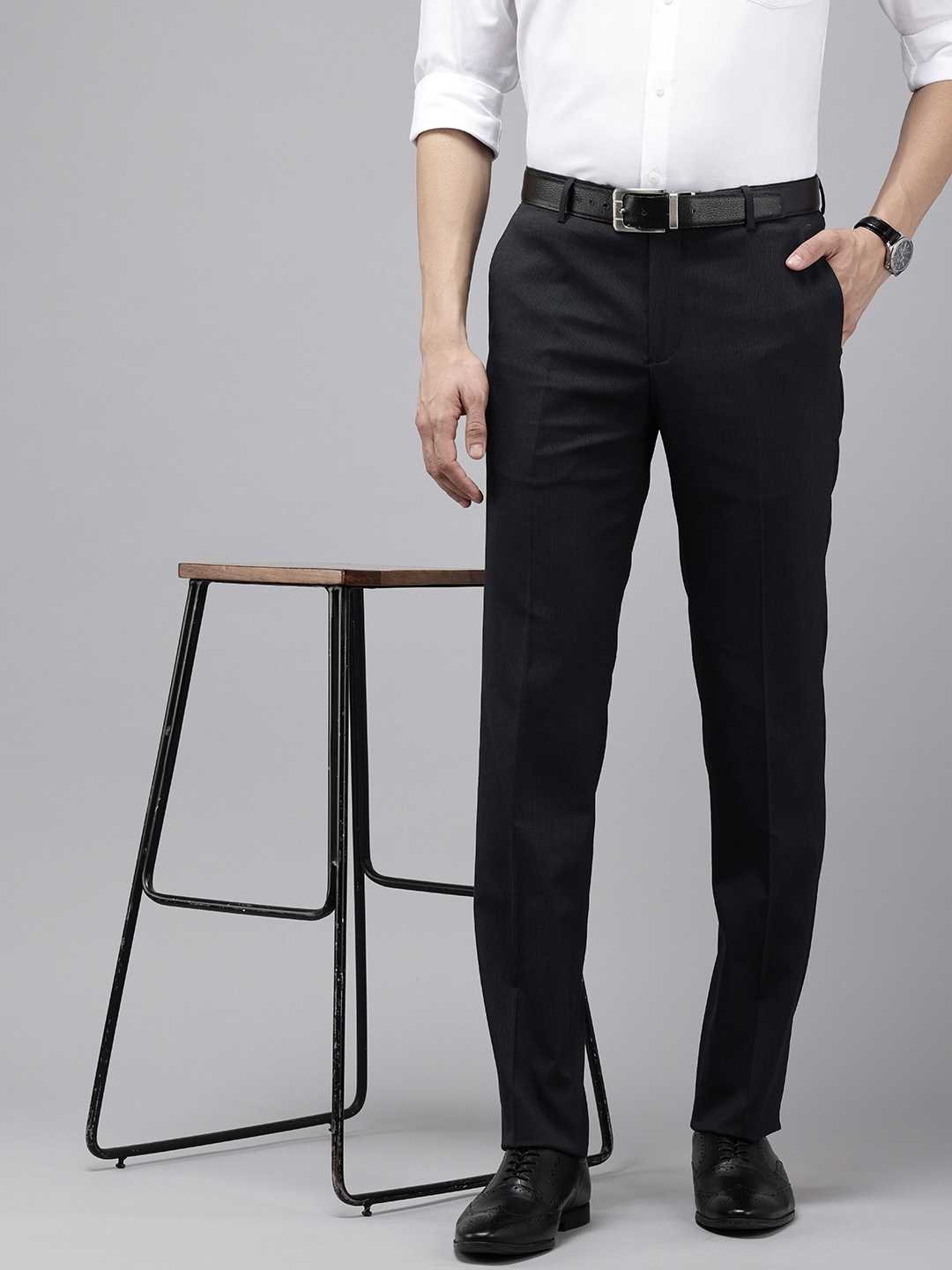 

Arrow Men Striped Tailored Fit Formal Trousers, Navy blue