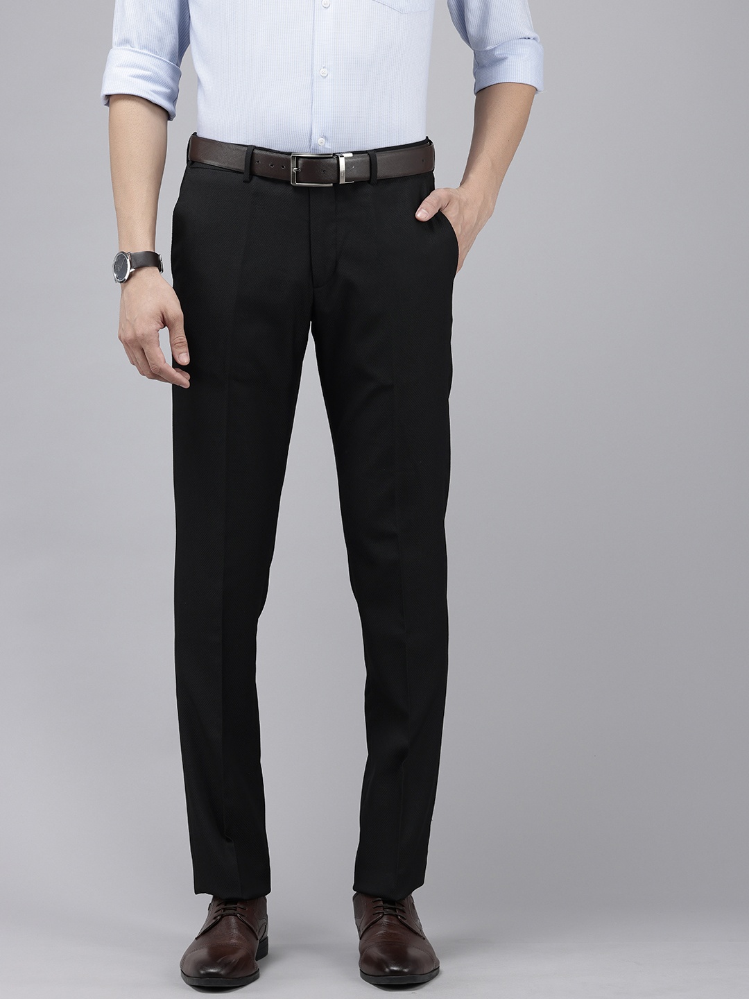

Arrow Men Self Design Textured Hudson Tailored Fit Formal Trousers, Black