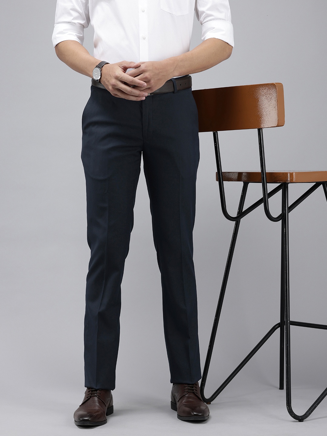

Arrow Men Self Striped Tailored Fit Formal Trousers, Navy blue
