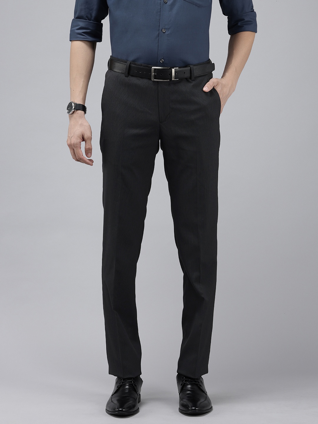 

Arrow Men Striped Tailored Fit Formal Trousers, Black