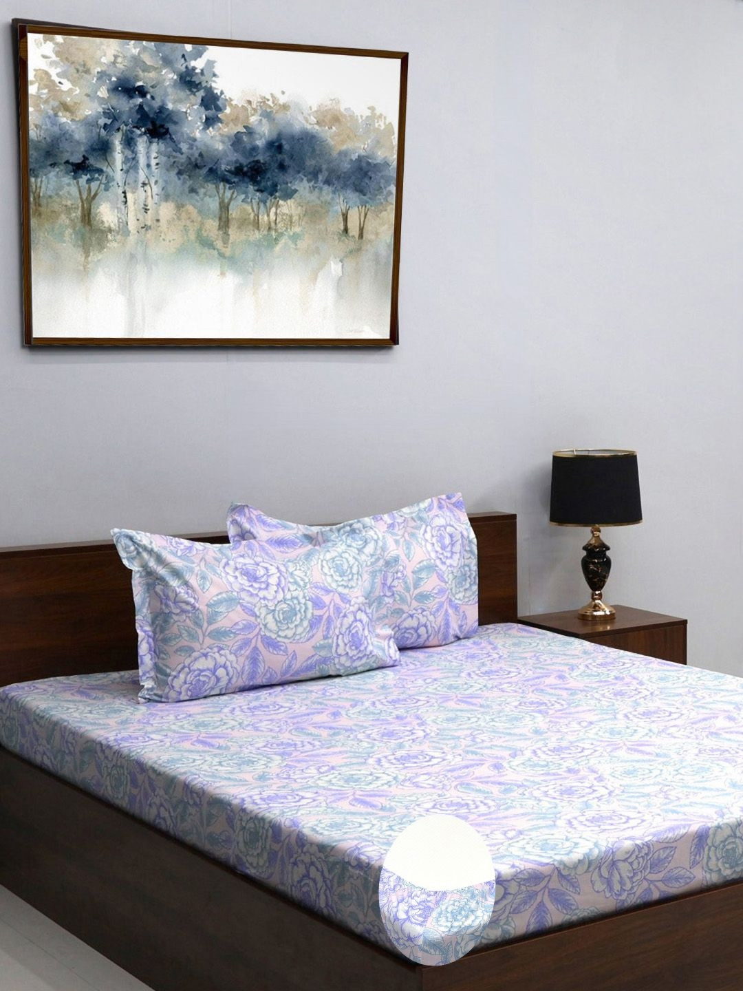 

BOMBAY DYEING Allure Lavender & White Printed 144 TC Pure Cotton King Fitted Bedsheet Set