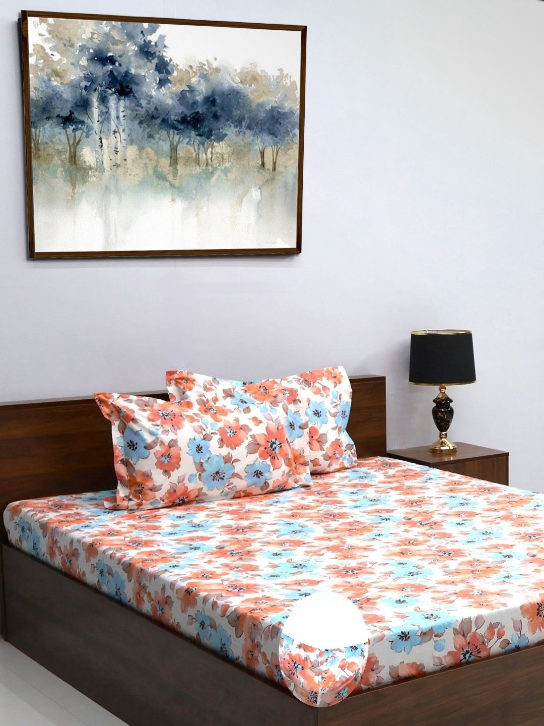 

BOMBAY DYEING Allure Orange & Blue Printed 144 TC Pure Cotton King Fitted Bedsheet Set