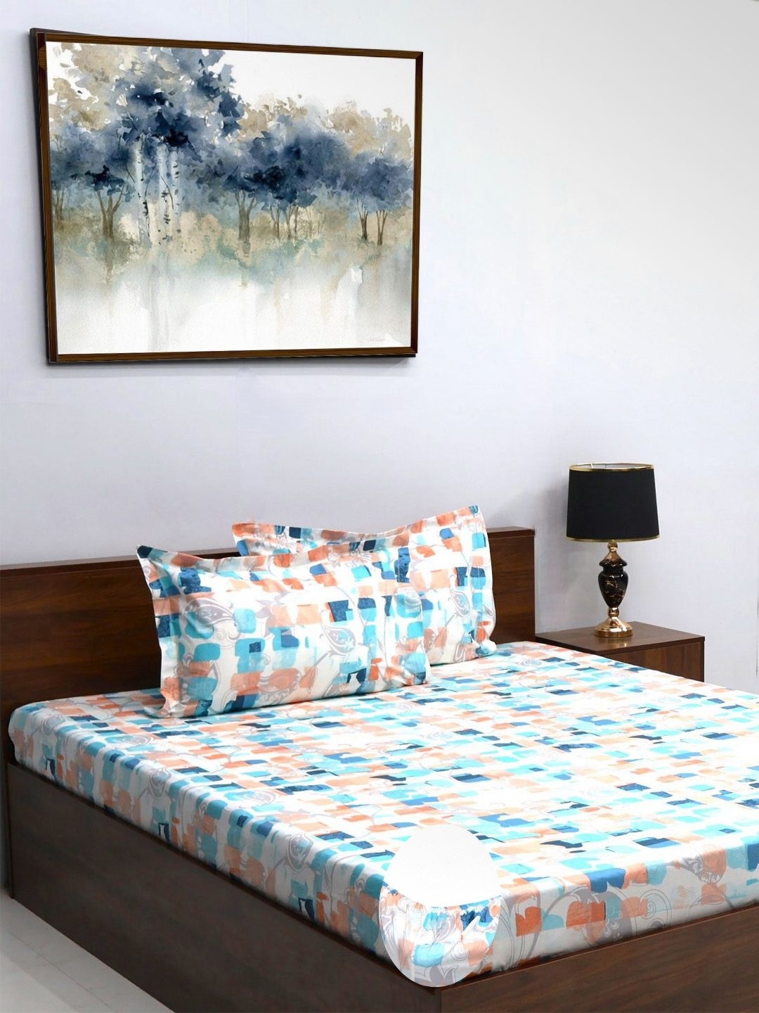 

BOMBAY DYEING Allure Turquoise Blue Printed 144 TC Pure Cotton Queen Fitted Bedsheet Set