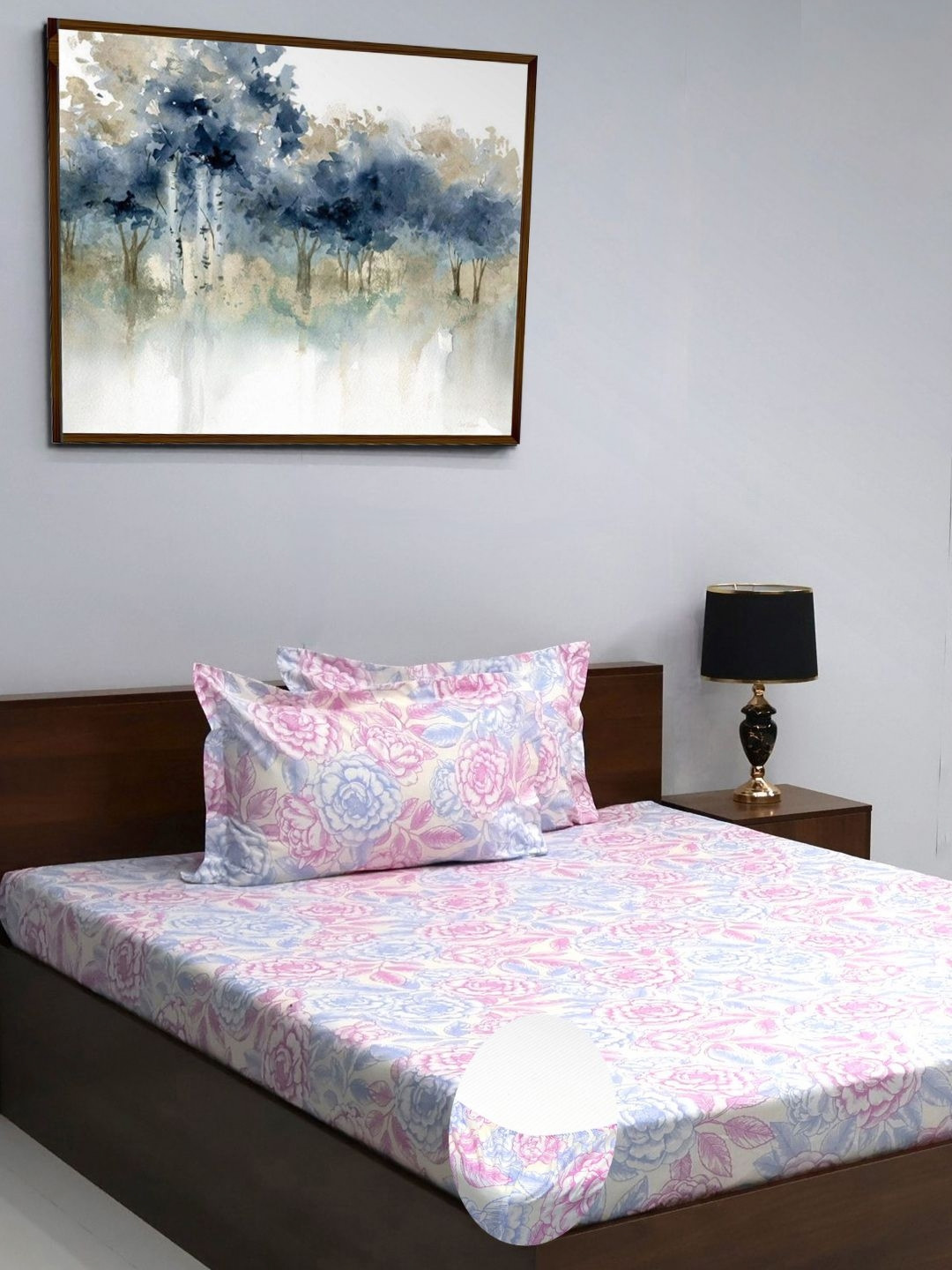 

BOMBAY DYEING Allure Pink & White Printed 144 TC Pure Cotton Queen Fitted Bedsheet Set