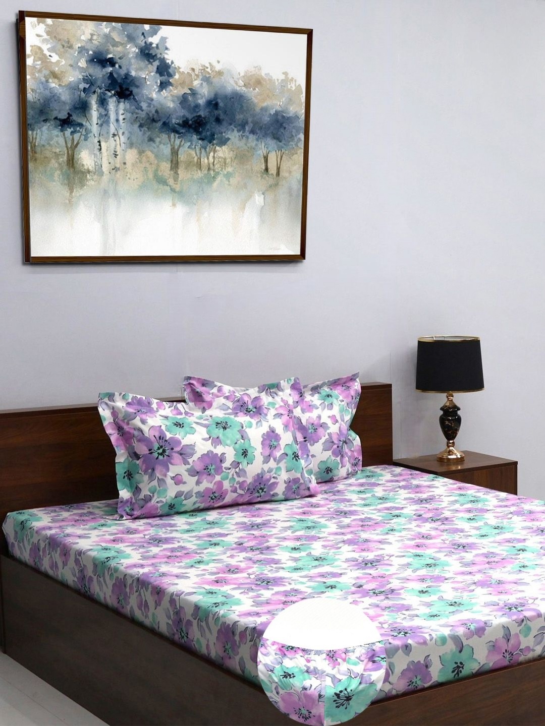 BOMBAY DYEING Allure Pink & White Printed 144 TC Pure Cotton Queen Fitted Bedsheet Set