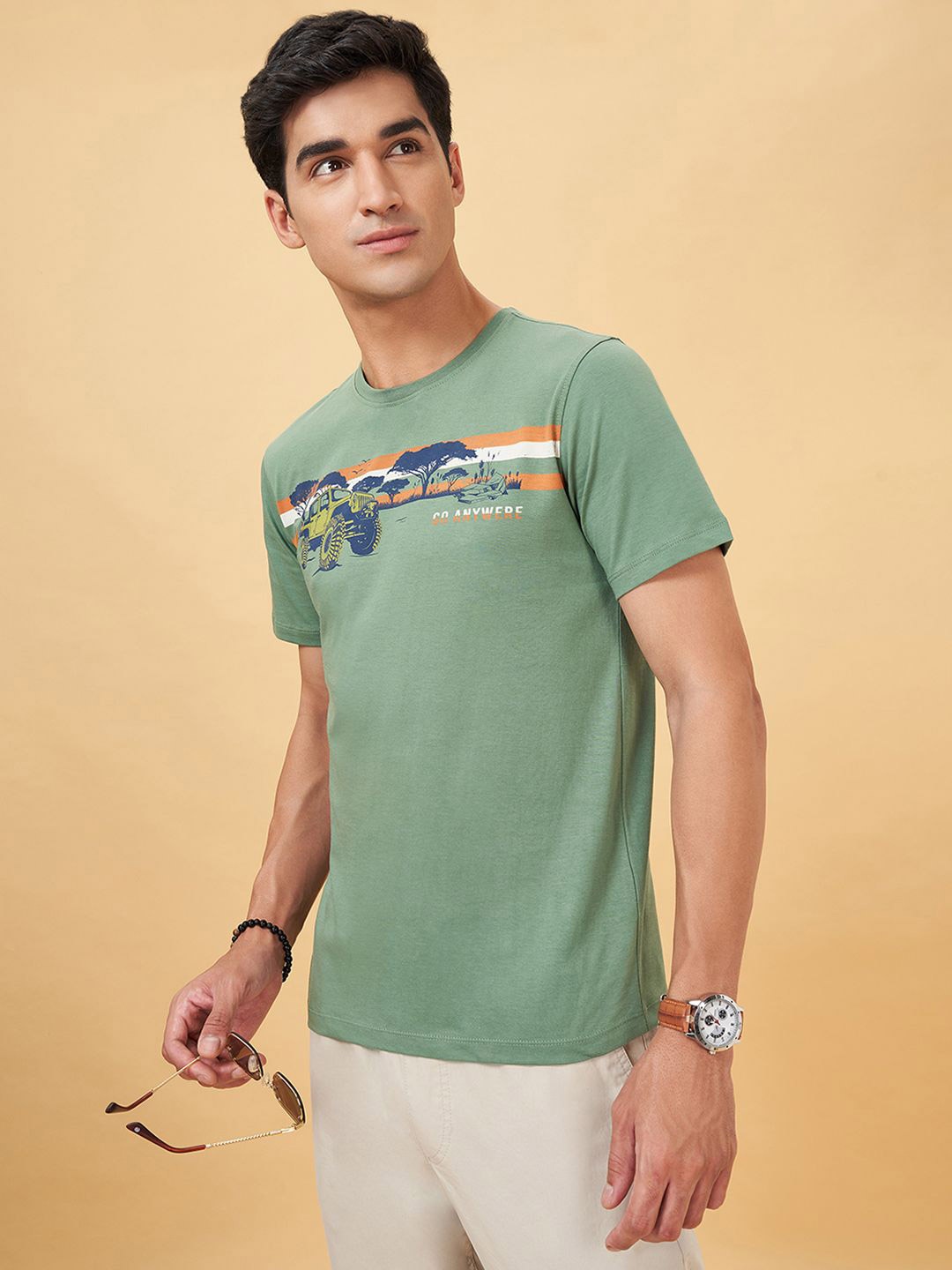

Urban Ranger by pantaloons Men Graphic Printed Round Neck Slim Fit T-shirt, Green