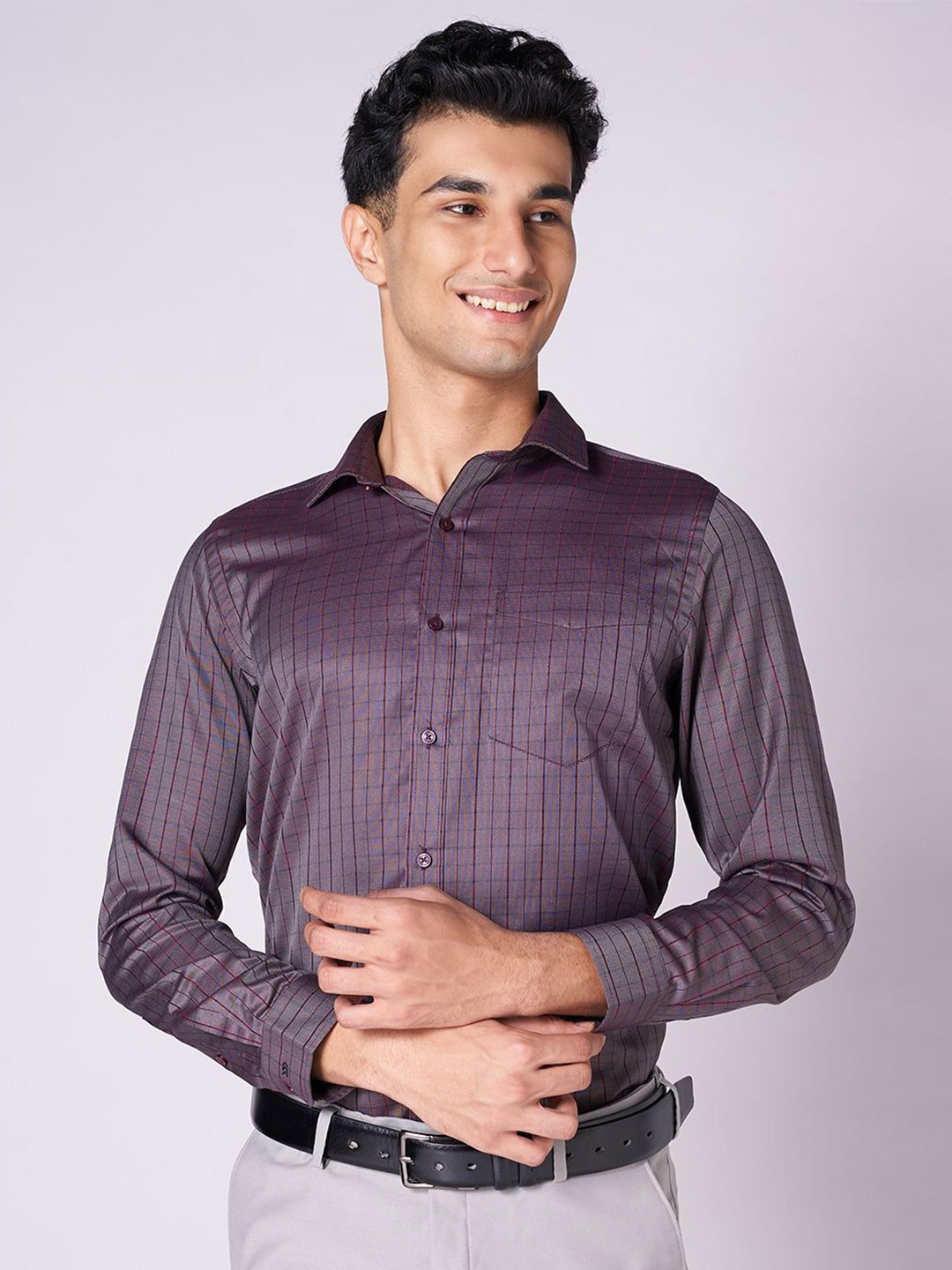 

INSPIRO Men Grid Tattersall Checks Spread Collar Slim Fit Formal Shirt, Purple