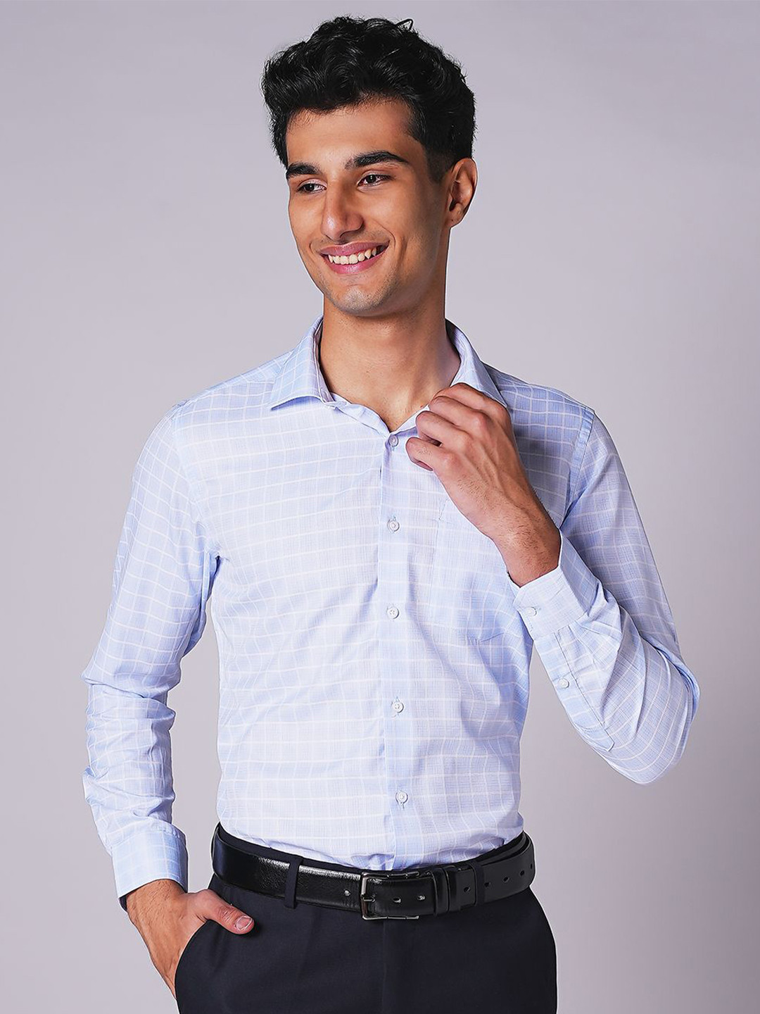 

INSPIRO Men Grid Tattersall Checks Spread Collar Slim Fit Formal Shirt, Blue