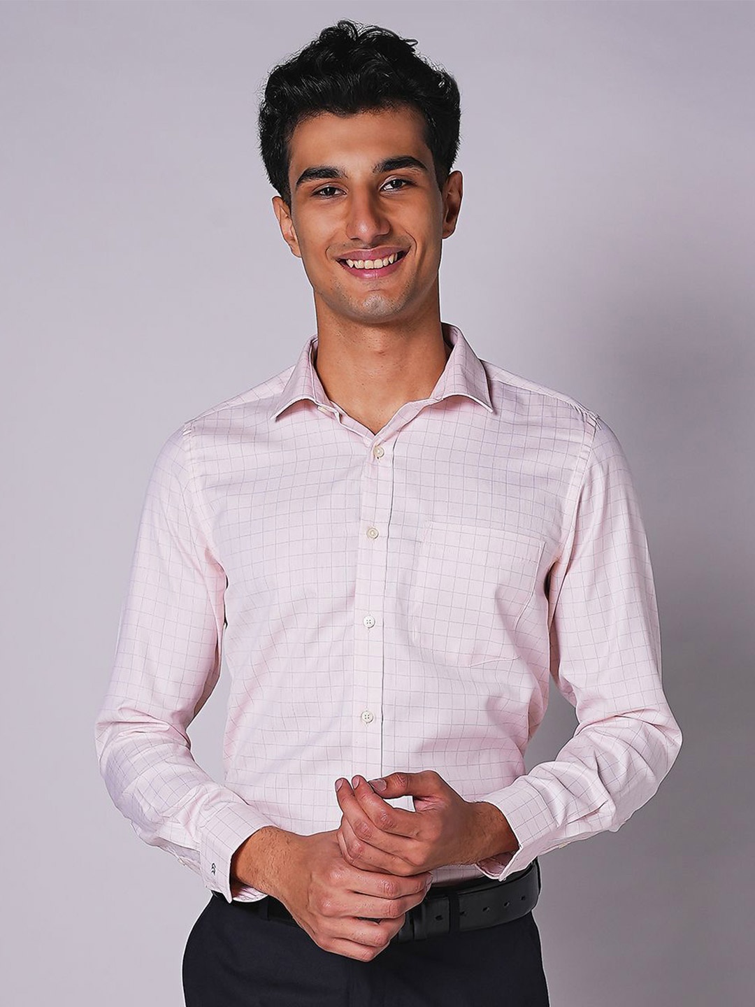 

INSPIRO Men Micro Checks Spread Collar Slim Fit Formal Shirt, Pink