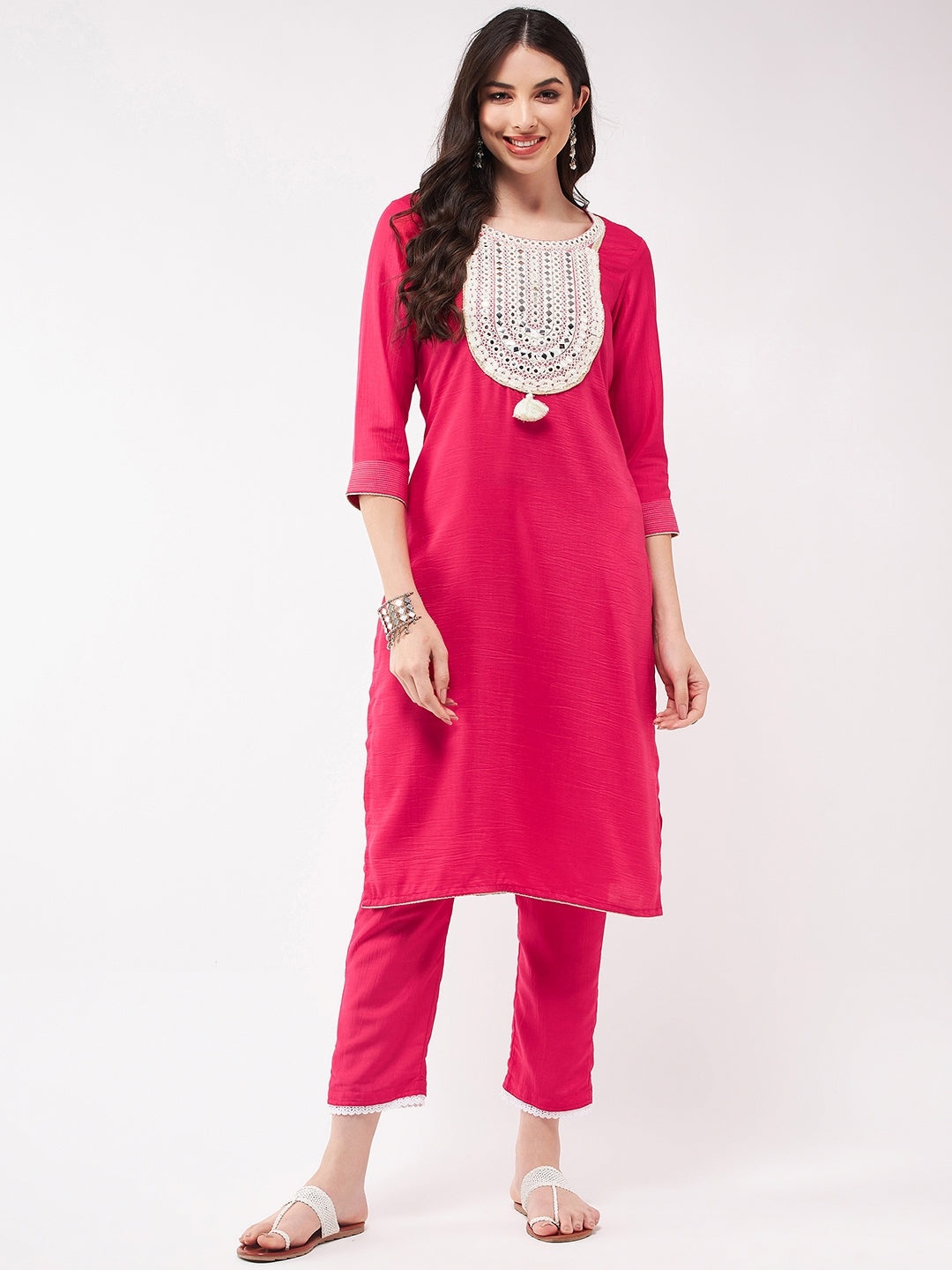 

Pannkh Women Yoke Design Keyhole Neck Mirror Work Anarkali Kurta, Pink