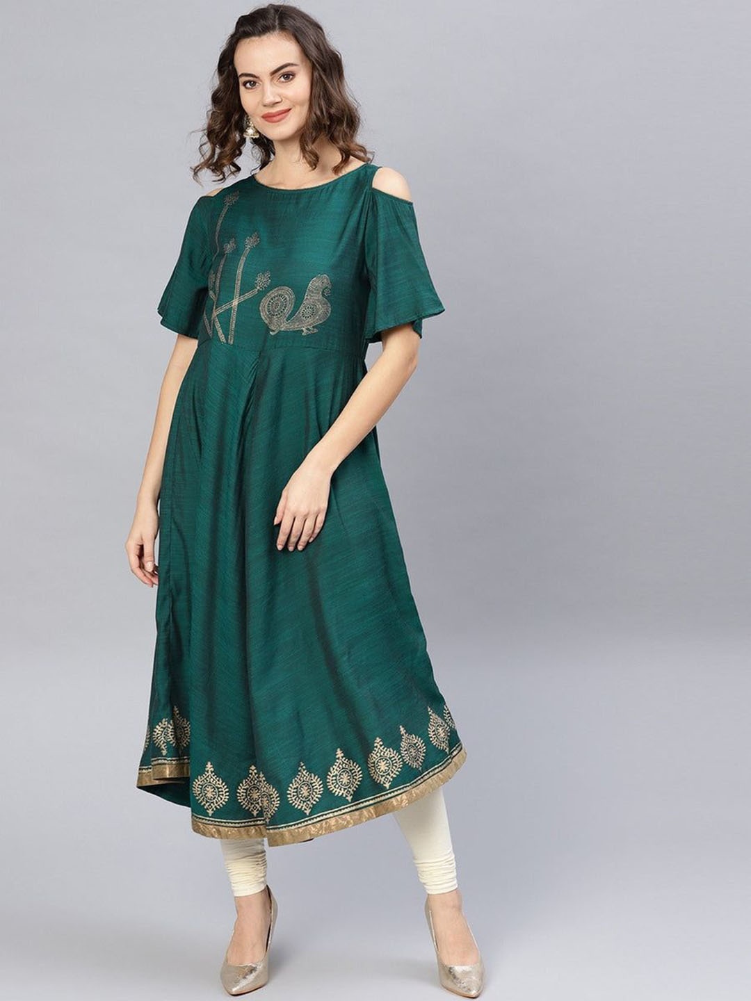 

Pannkh Round Neck Cold Shoulder Sleeves Printed Anarkali Kurta, Teal