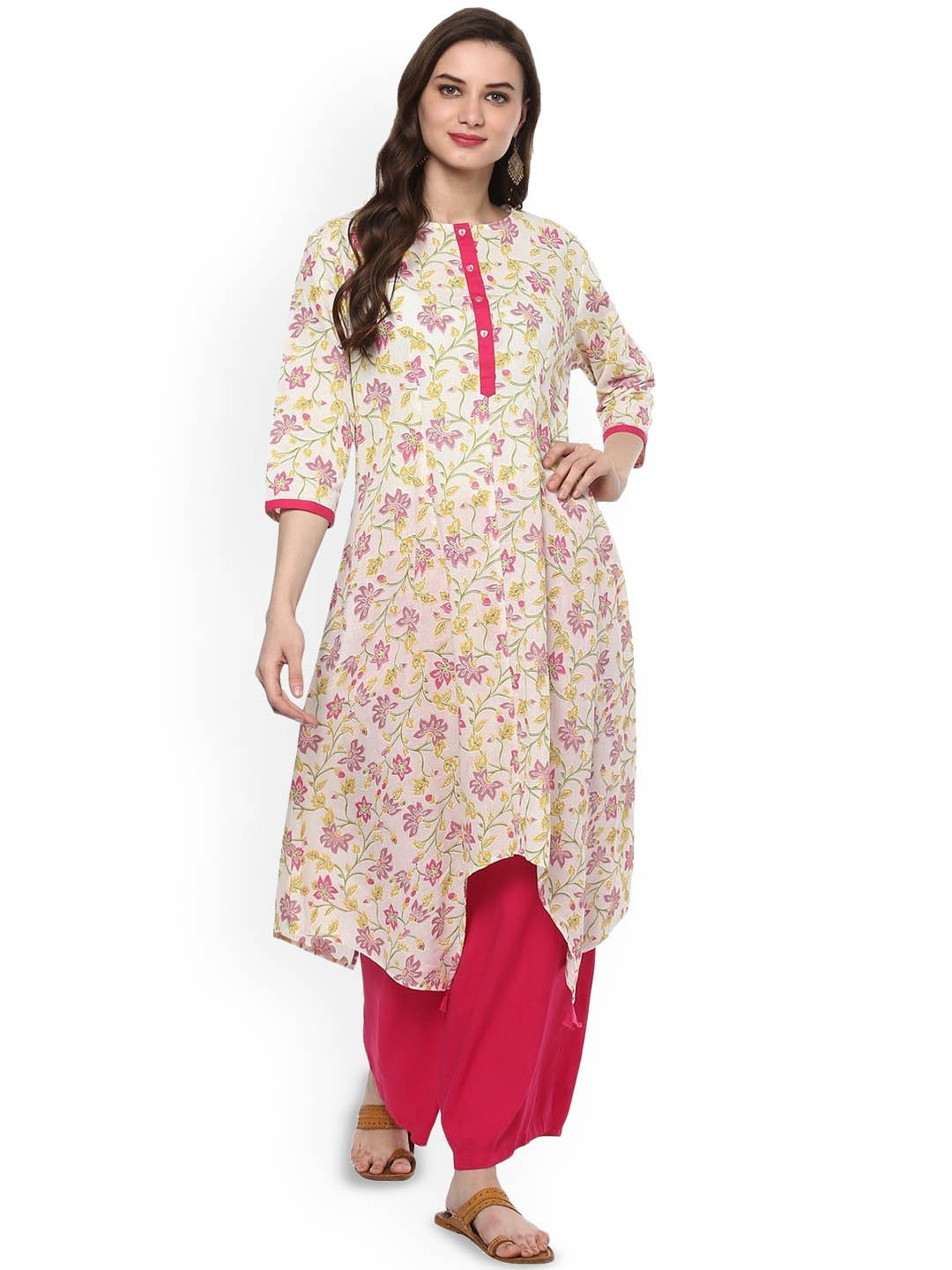 Pannkh Round Neck Floral Printed Kurta, White