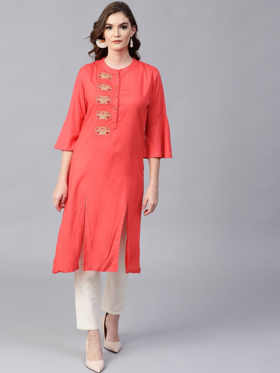 

Pannkh Round Neck Embroidered Bell Sleeves Straight Kurta, Red