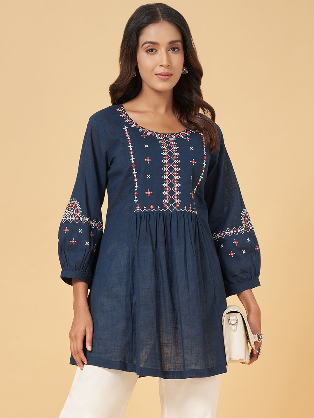 

RANGMANCH BY PANTALOONS Embroidered New Basics Tunic, Blue