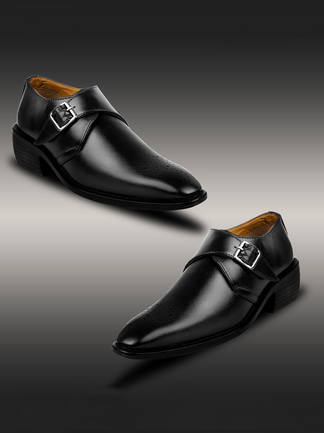 Bxxy Men Textured Round Toe Formal Monk Shoes, Black