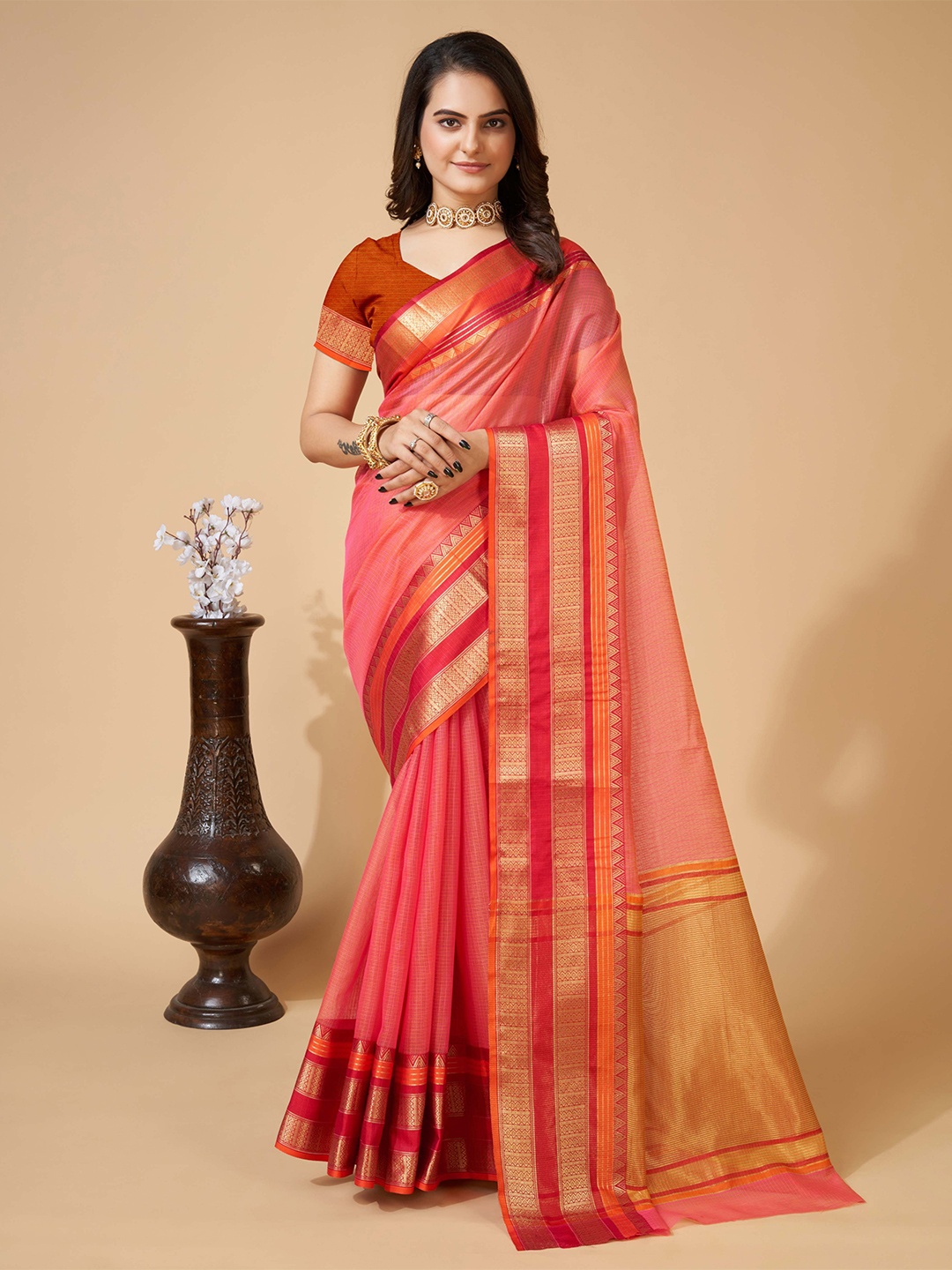 

bansari textiles Woven Design Zari Banarasi Saree, Pink