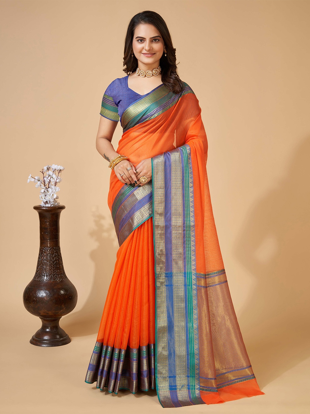 

bansari textiles Woven Design Zari Banarasi Saree, Orange