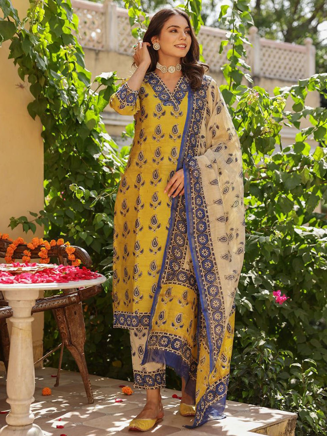 

KALINI Paisley Printed V-Neck Straight Kurta with Trousers & Dupatta, Mustard
