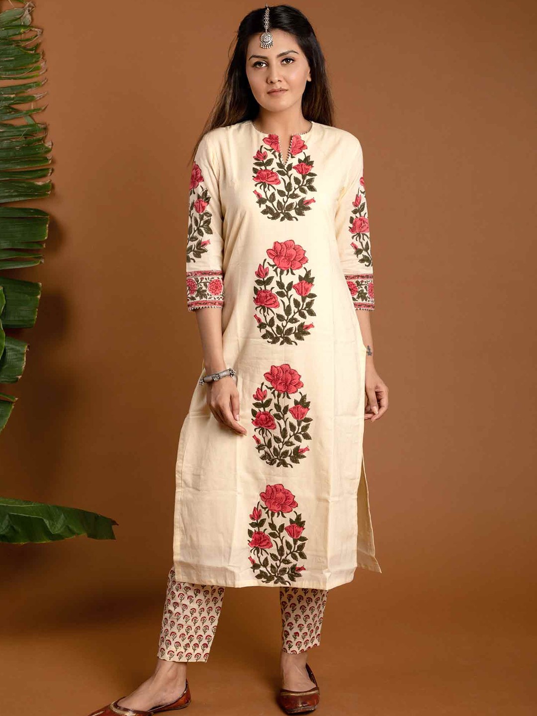 

KALINI Floral Printed Straight Kurta With Trouser & Dupatta, Cream