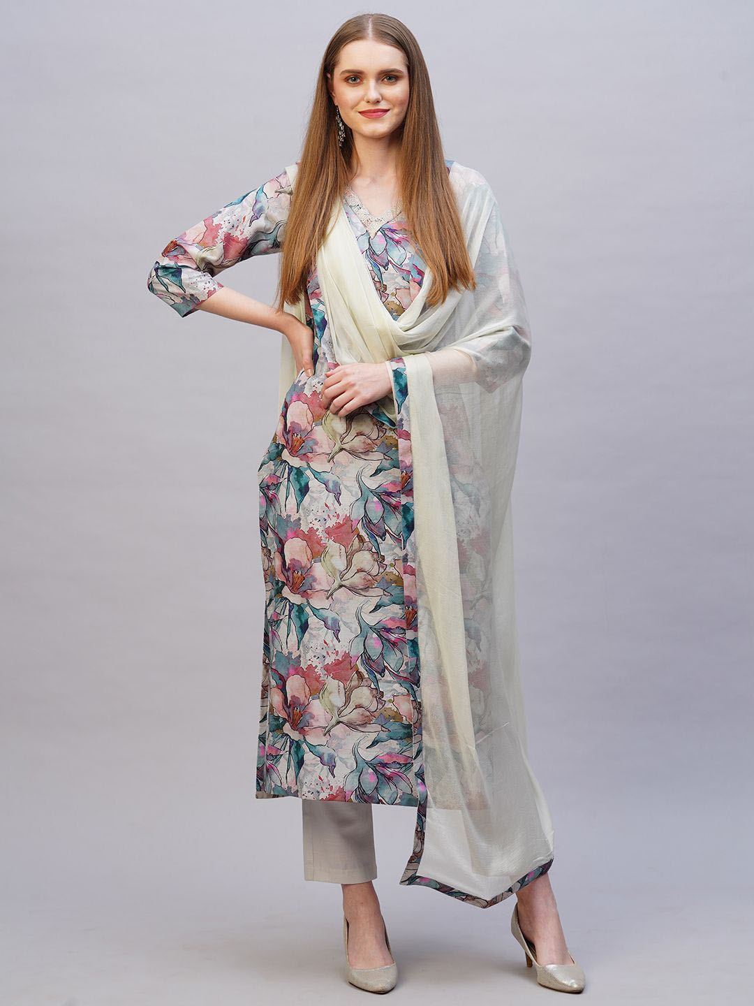 

KALINI Floral Printed V-Neck Straight Kurta with Trousers & Dupatta, Grey