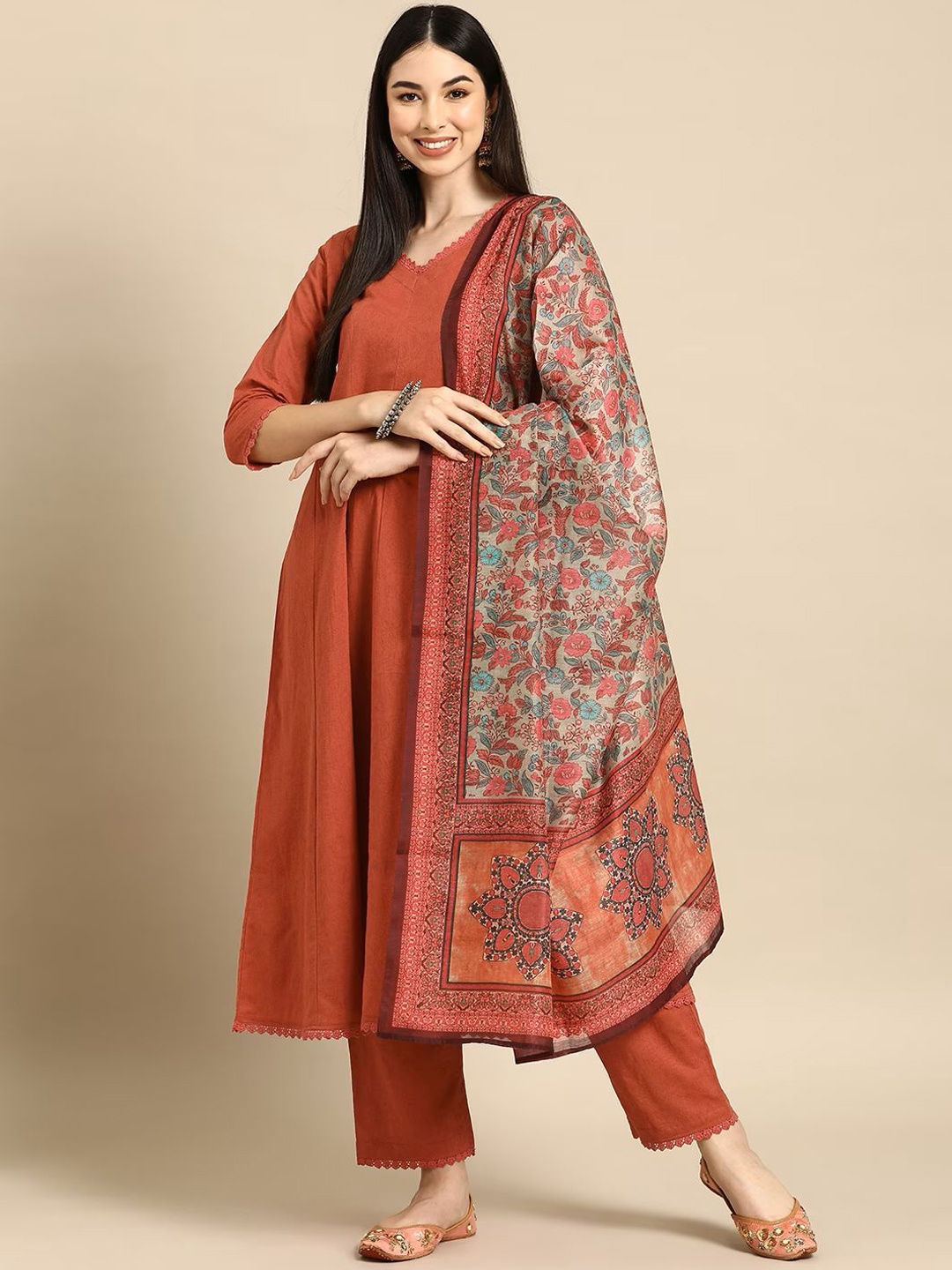 

KALINI V-Neck Anarkali Kurta with Trousers & Dupatta, Peach