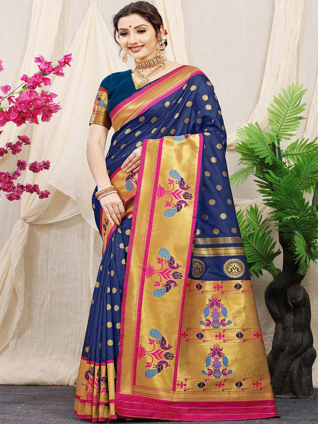 

Anouk Ethnic Motifs Woven Design Zari Pure Silk Paithani Saree, Navy blue