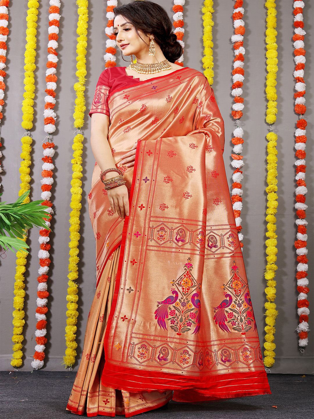 

Anouk Ethnic Motifs Woven Design Zari Pure Silk Paithani Saree, Red
