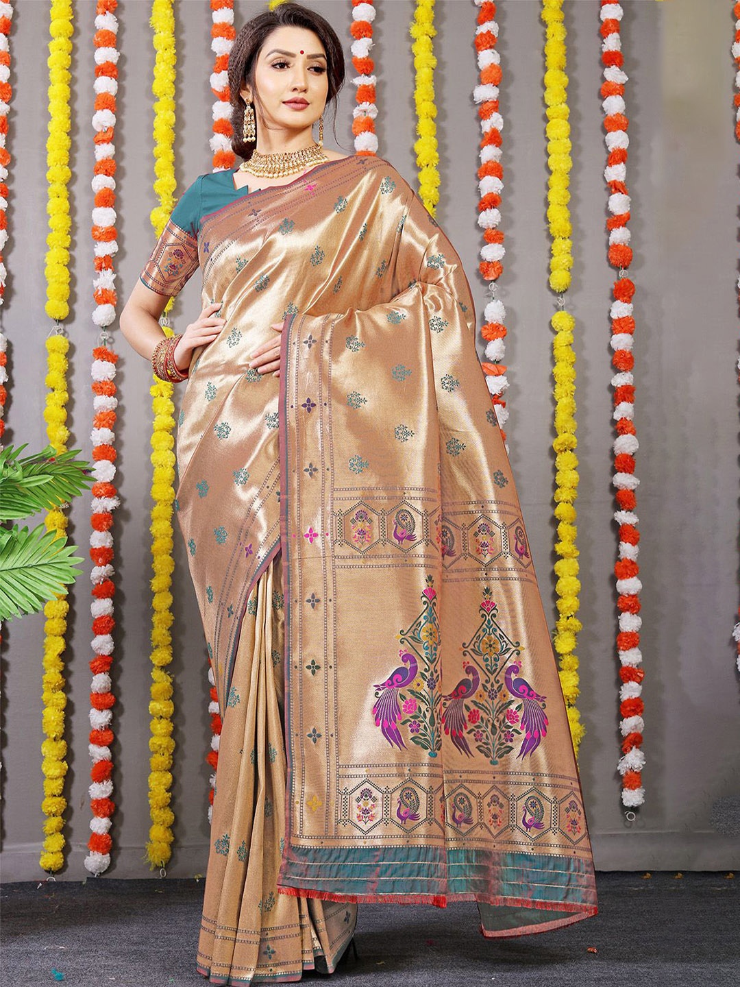 

Anouk Woven Design Zari Pure Silk Paithani Saree, Teal