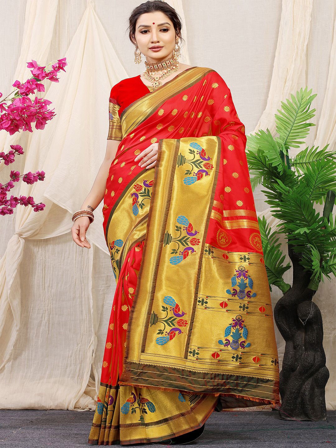 

Anouk Woven Design Zari Pure Silk Paithani Saree, Red