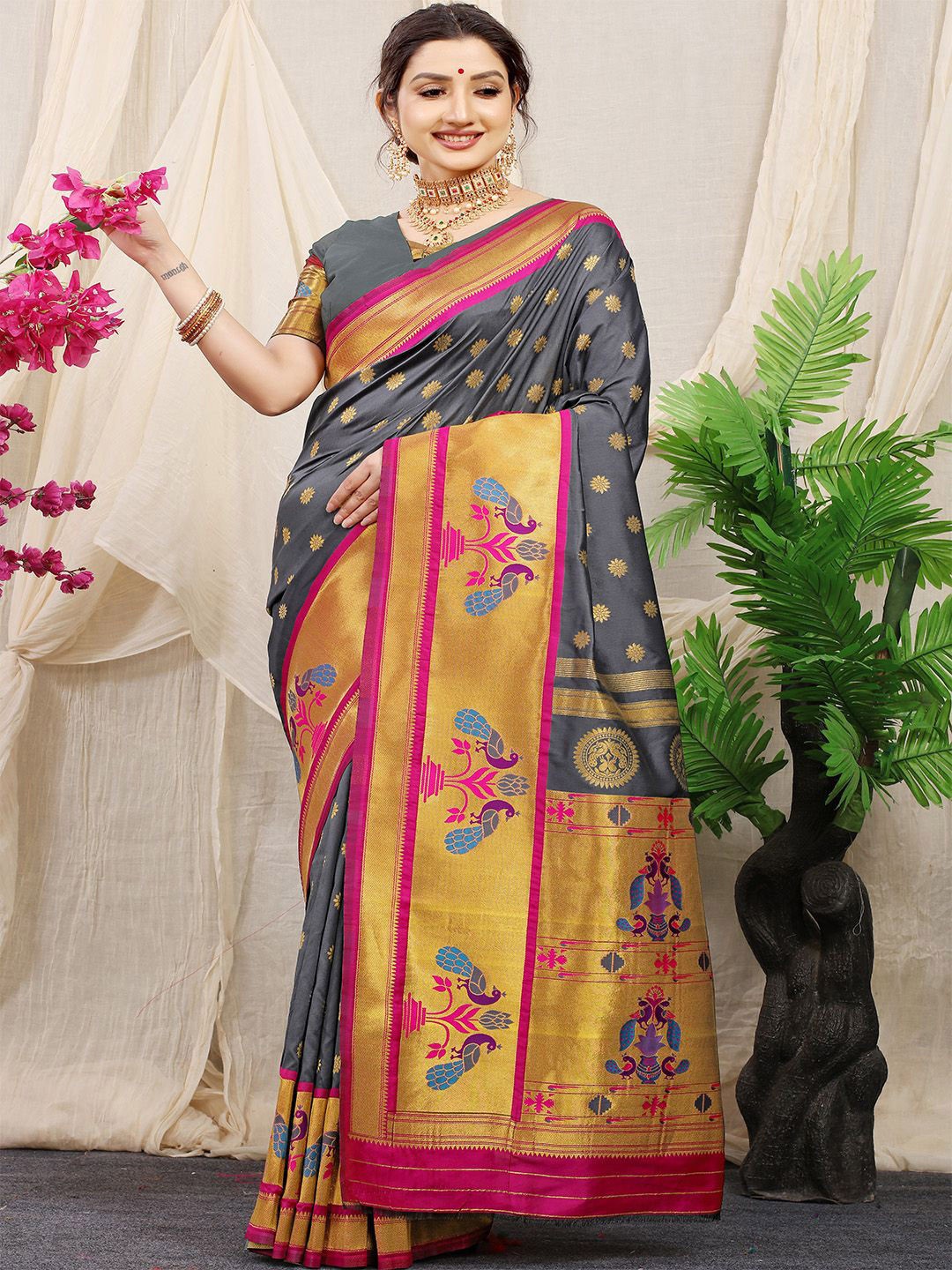 

Anouk Woven Design Zari Pure Silk Paithani Saree, Grey